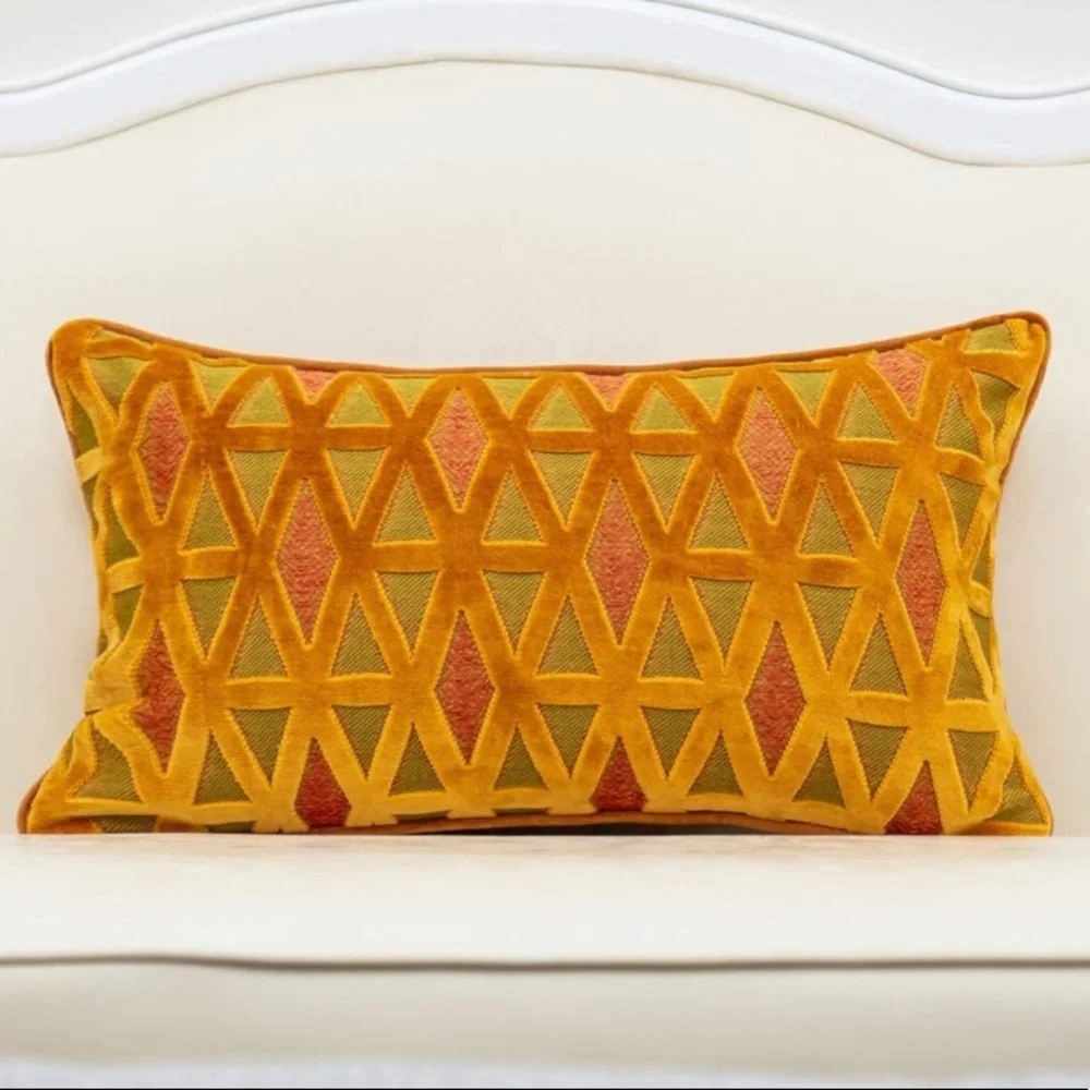 Luxury Home | Golden Orange Diamond Cut Velvet Jaquard Lumbar Throw Pillow Cover